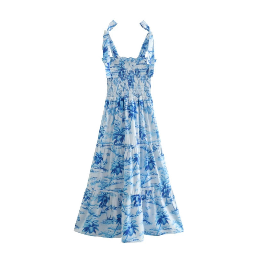 Spring Blue Printed Spaghetti Strap Long Dress